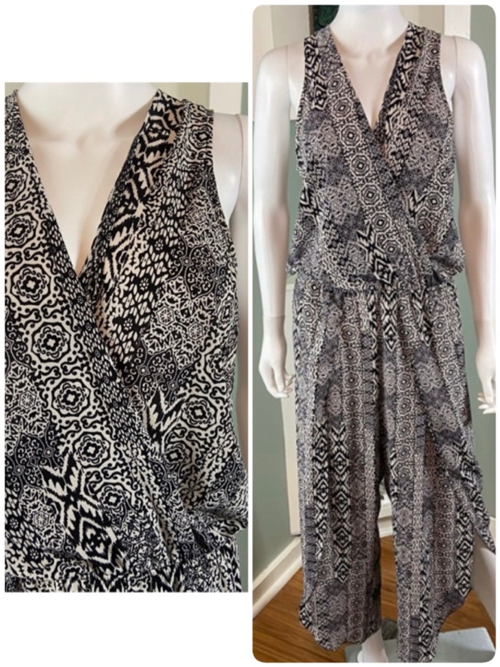 Women's Black & White Printed Sleeveless Jumpsuit